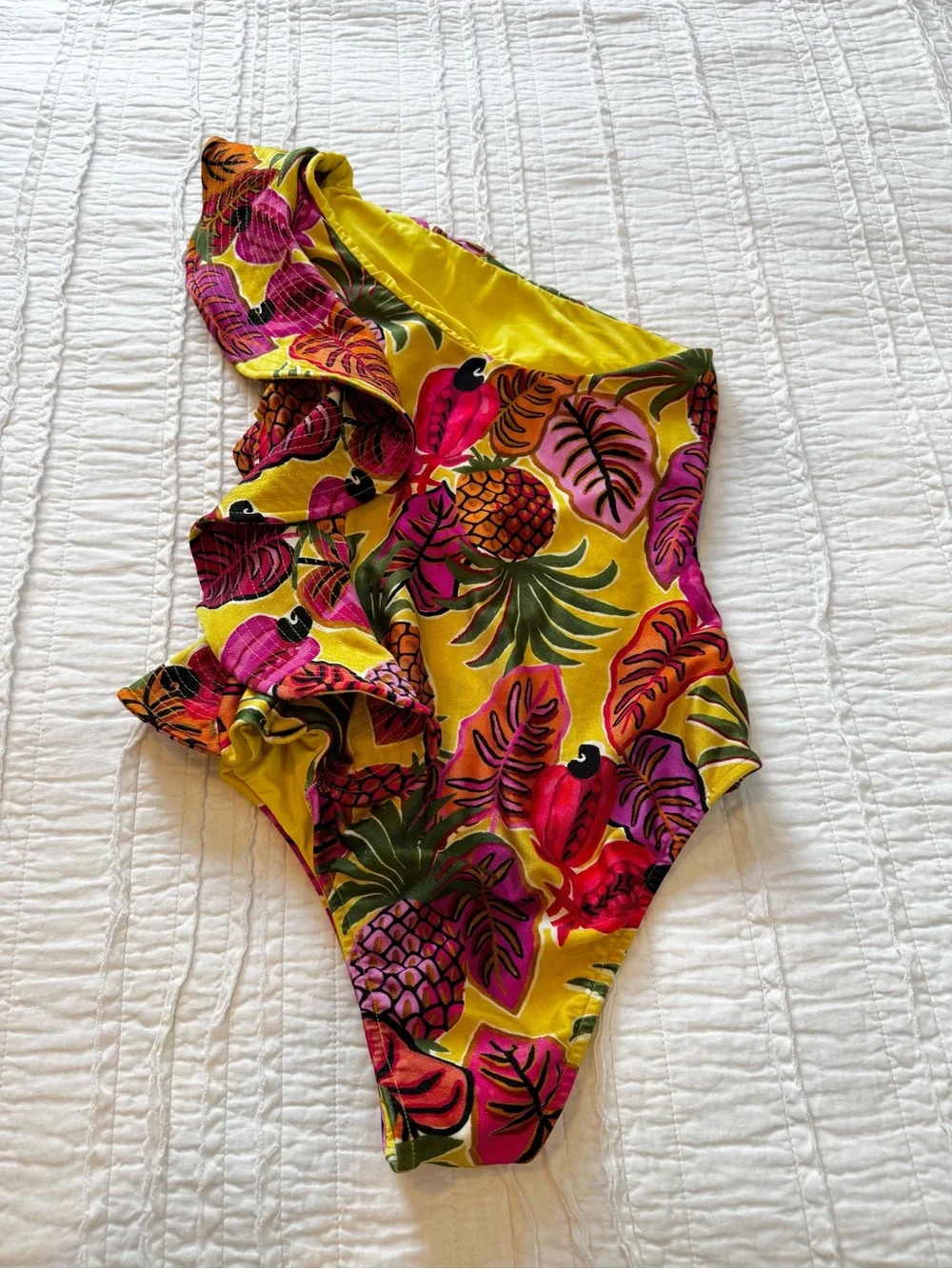 FARM Rio Fruit Dream One Shoulder Ruffle Swimsuit Bikini S Pineapple Tropical